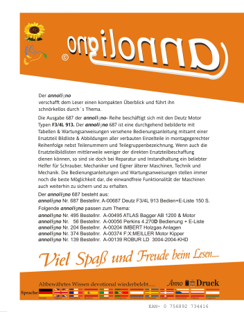 Deutz Diesel Motor Typ F3/4L 913 Bild- Bedienungsanleitung & Bild-Ersatzteilliste & Explosionszeichnungen - annoligno 687